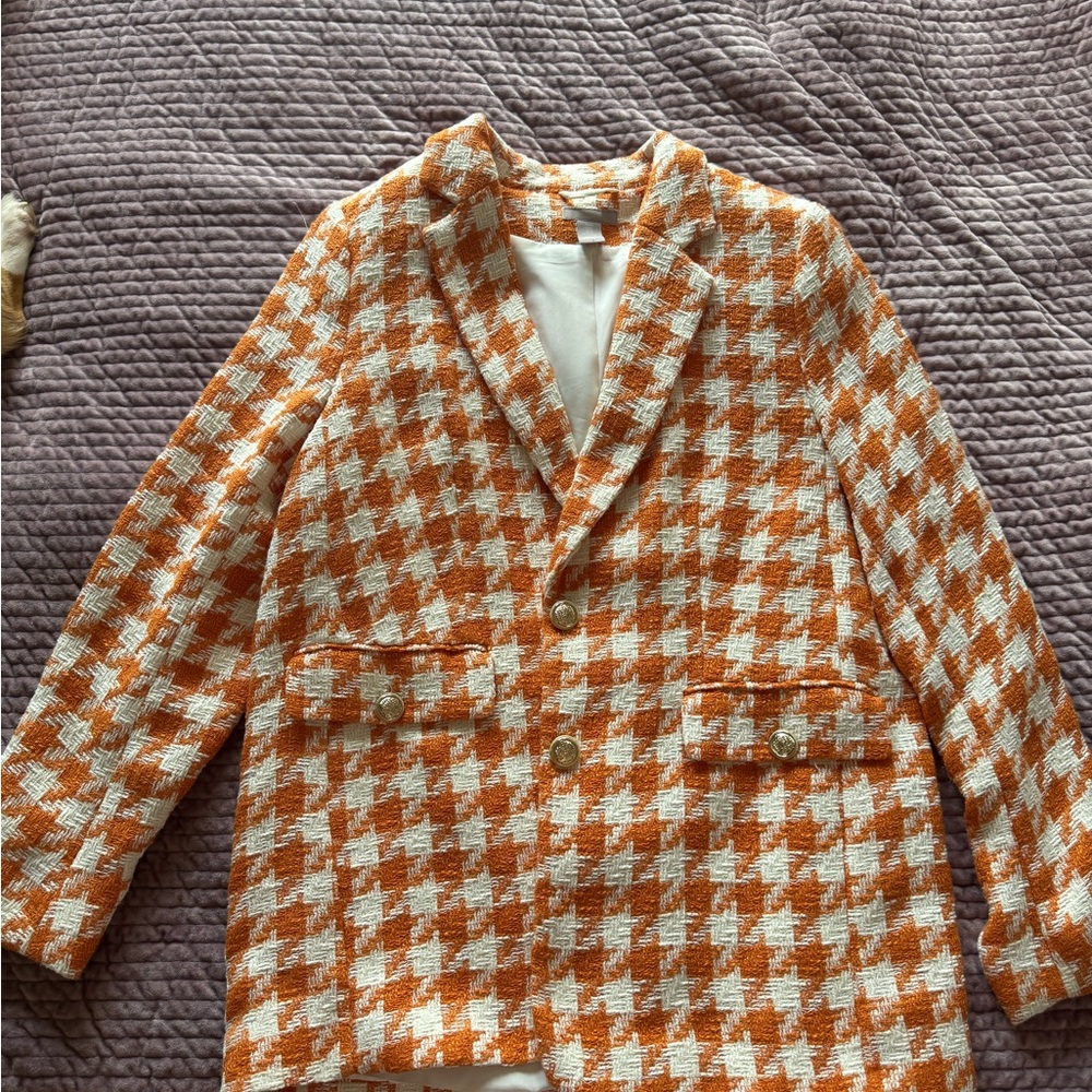 Orange and White Houndstooth Blazer